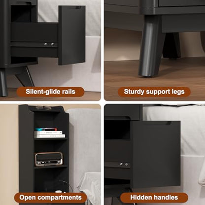 Tall Nightstand with Charging Station, Narrow Side Table with Bookshelf | 47" Tall Free Standing Wooden Night stand with 2 Drawers and 4 Open-Shelves, Modern End Bedside Table for Bedroom, Black - color: Black, size: Tall (2 drawer)