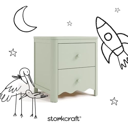 Storkcraft Casablanca 2 Drawer Nightstand, Sage | GREENGUARD Gold Certified, Storage for Kids Bedroom, Premium Wood Nightstand with Iconic Wave Detailing and Rounded Posts - color: Sage, style: Nightstand
