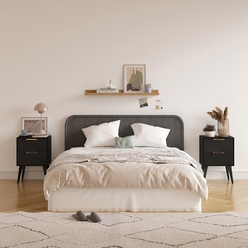YAUKOMEL Black Nightstand,Mid Century Modern Bedside Table, Fluted Nightstand with 2 Drawers,Side Table with Wood Legs, End Table for Bedroom,Apartment,Dormitory,Small Space Black CTG55BK - color: Black, style: Fluted Style