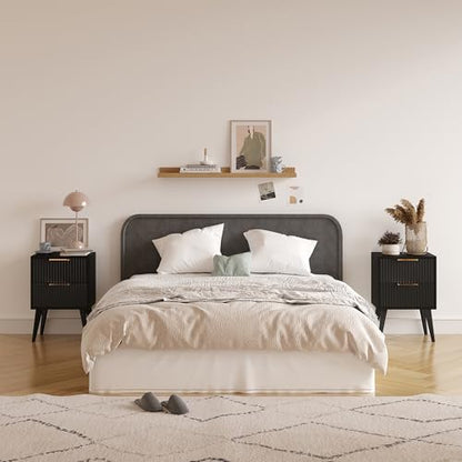 YAUKOMEL Black Nightstand,Mid Century Modern Bedside Table, Fluted Nightstand with 2 Drawers,Side Table with Wood Legs, End Table for Bedroom,Apartment,Dormitory,Small Space Black CTG55BK - color: Black, style: Fluted Style
