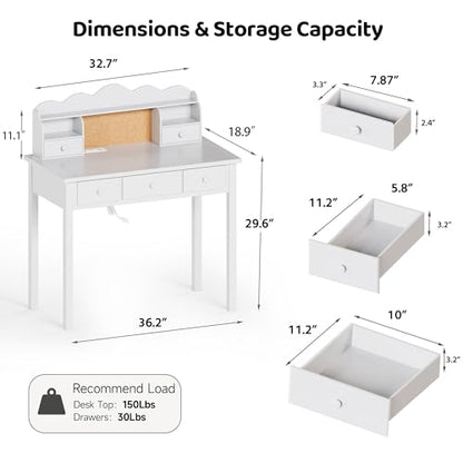 FUNKOCO Home Office Furniture Writing Desk, 36 Inch Computer Work Station with Detachable Hutch for Small Place, 5 Drawers(White) - color: 1-white