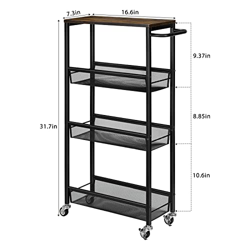 NANANARDOSO 4 Tier Slim Storage Cart, Shelving Unit for Small Space, Rolling Storage Cart with Wooden Top and Metal Handle for Narrow Space on Kitchen, Bathroom, Laundry Room, Black. - size: 4 Tier(Brown)