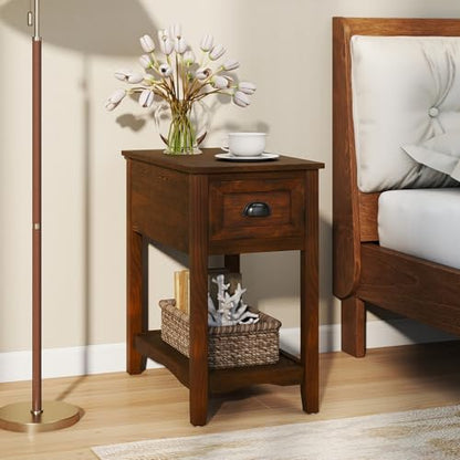 Giantex End Table with Drawer Set of 2, Retro Narrow Side Table, Nightstand with Solid Wood & Storage Shelf, Bedside Table for Living Room Bedroom Small Space Home Office (2, Walnut) - color: Walnut