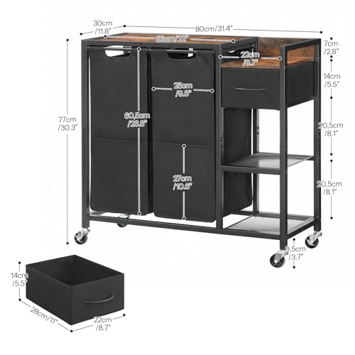 HOOBRO 2 Section Laundry Sorter with Shelf, 24 Gal. (90.8 L) Laundry Hamper with Wheels, Rolling Laundry Basket with Fabric Drawer, 3-Tier Shelves, Side Pockets, Black and Rustic Brown BF27XY01