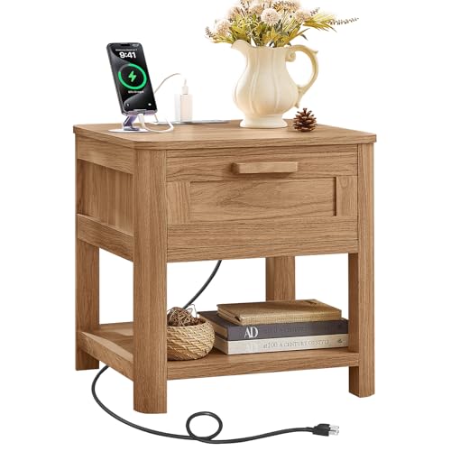 Joaxswe Farmhouse Side Tables Living Room, Small Nightstand with 1 Drawers & Open Shelving & 4 Thickened Table Legs, Dark Wood - color: Dark Wood, size: Single