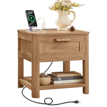 Joaxswe Farmhouse Side Tables Living Room, Small Nightstand with 1 Drawers & Open Shelving & 4 Thickened Table Legs, Dark Wood - color: Dark Wood, size: Single