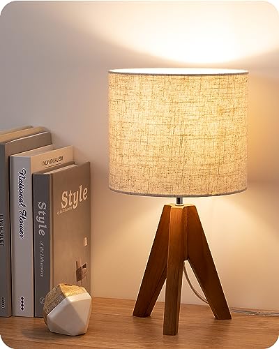 EDISHINE Tripod Table Lamp, Small Cute Bedside Lamp with Linen Beige Lampshade, Nightstand Lamp for Nursery, Bedroom, Kid Room, Living Room, Light Brown Wooden Base, E26 Socket, 14.2 Inch - color: Light Brown
