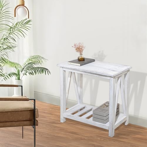 Farmhouse Narrow End Table Wooden Rustic White Side Tables with Storage Shelves Narrow Sofa Table for Small Spaces Living Room Bedroom Bathroom Dorm - color: Rustic White
