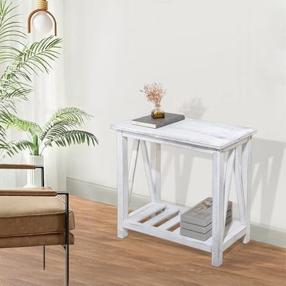 Farmhouse Narrow End Table Wooden Rustic White Side Tables with Storage Shelves Narrow Sofa Table for Small Spaces Living Room Bedroom Bathroom Dorm - color: Rustic White