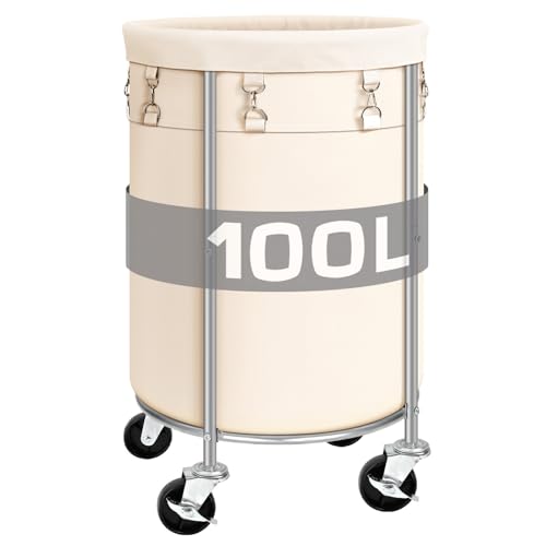 100L Round Rolling Laundry Hamper Basket with Wheels, Beige | Laundry Sorter Cart with Removable Bag, Clothes Organizer, Metal Frame, Bedroom, Bathroom, Laundry Room, Dorm Use - color: Beige