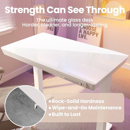 HUANUO Glass Standing Desk with Drawers, 40 X 24 Inch Electric Adjustable Height Desk, Quick Install One-Piece Tabletop with USB Charging Ports, White - color: White, size: 40*24 Inch
