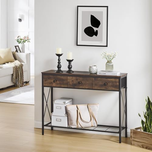 FAVOOSTY Entryway Table, 39.8" Console Table with 3 Fabric Drawers Narrow Console Table with 2-Tier Storage Shelves,Display Shelf for Living Room, Hallway, Entrance, Foyer, Office Rustic Brown