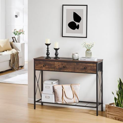 FAVOOSTY Entryway Table, 39.8" Console Table with 3 Fabric Drawers Narrow Console Table with 2-Tier Storage Shelves,Display Shelf for Living Room, Hallway, Entrance, Foyer, Office Rustic Brown