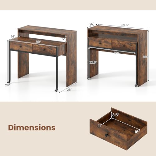 Giantex Small Computer Desk with Hutch & Drawers, Extendable Writing Desk w/Pull Out Secondary Table, Monitor Stand & Rolling Wheels, Console Table, Compact Desk for Small Spaces (Rustic Brown) - color: Rustic Brown