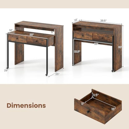 Giantex Small Computer Desk with Hutch & Drawers, Extendable Writing Desk w/Pull Out Secondary Table, Monitor Stand & Rolling Wheels, Console Table, Compact Desk for Small Spaces (Rustic Brown) - color: Rustic Brown