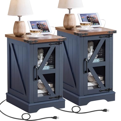 Joaxswe Narrow Night Stand Set 2 with Charger Station, Farmhouse Side End Table with Glass Barn Door Storage, Bedside Tables,Navy Blue Nightstand Cabinet Organizer for Small Spaces Living Room Bedroom - color: Navy Blue, size: with Charger
