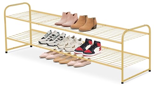 AOODA Long 2 Tier Shoe Rack for Closet Metal Wide Stackable Shoe Storage Organizer for Entryway, Bedroom, Floor, 18-Pairs Low Sneaker Shelf, Golden - color: Golden, size: 11.4 x 42.7 x 18.7