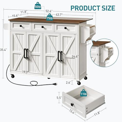 RALGEND Kitchen Island with Drop Leaf & Power Outlet, Rolling Kitchen Island Cart On Wheels, Barn Door Kitchen Island Table with Storage and Tower Rack, Island Table for Kitchen, White and Walnut - color: White + Walnut