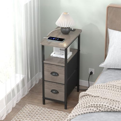 sthmec Narrow End Table with Charging Station, Narrow Side Table with 2 Fabric Drawers, Slim Nightstand, Skinny Bedside Table, Small Side Table for Small Spaces, Living Room, Bedroom, Grey - color: Grey, size: 7.87'' W x 15.75'' D x 24.37'' H, style: Powe