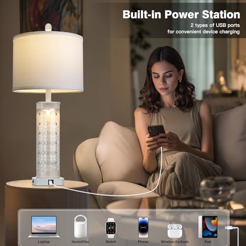 28" White Print Glass Table Lamp Set of 2 with Night Light, Modern Bedside Lamps with USB C+A Charging Ports, Nightstand Lamps for Living Room, Glass Lamps for Bedroom End Table, 2 Bulbs Included - color: White Print(2 Pack)