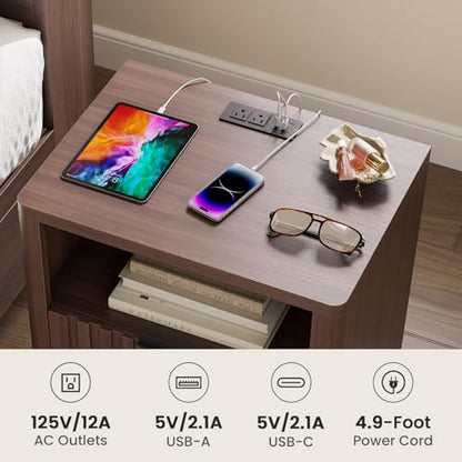 Fluted Nightstand with Charging Station, 21" Wide Modern Bedside Table with Storage Drawer, Wide Open Shelf & Curved Corner, Mid Century Night Stand End Side Table for Bedroom, Walnut