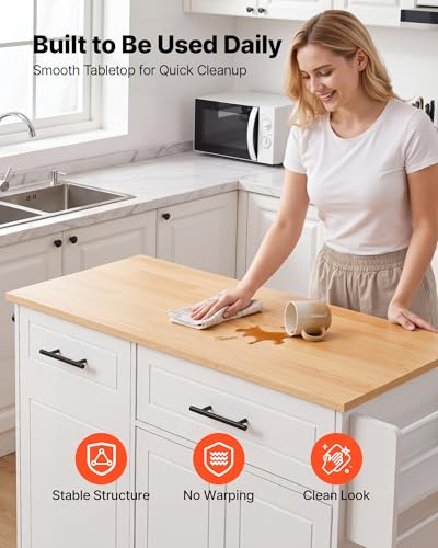 VEVOR Kitchen Island Cart with Storage, 46.06 in Wide Mobile Rolling Storage Island on Swivel Wheels, with Drawer, Storage Cabinet, Drop Leaf, Spice/Towel Rack, Table for Home Dining Room, White - size: 46.06"W (dropleaf)
