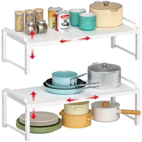 X-cosrack 12" Wide 100LBS Loading-Bearing Heavy Duty Kitchen Storage Shelf, Expandable Cabinet Shelf Organizer, Stackable Adjustable Storage Shelves for Kitchen Cabinet Cupboard Pantry Counter - color: White, size: 2 Pack: 25.5"L (12" Wider +100LBS Load-b