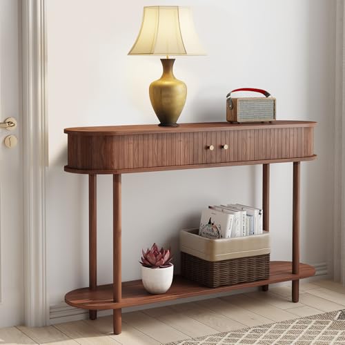 ARTPOWER 47.2" Modern Entryway Table with Wood Tambour Door, Accent Behind Couch Sofa Console with Storage, Fluted Side Table for Hallway, Living Room, Foyer, Brown - color: Brown