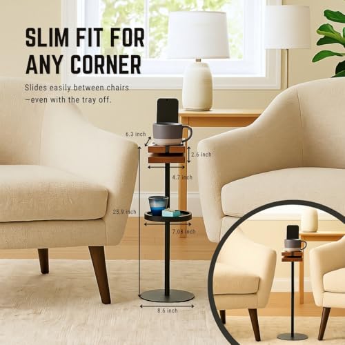Drink Table for Small Spaces - Slim Pedestal Side Table with Real Wood Top & Stable Base for Coffee & Cocktails - Ideal for Tight Living Room & Bedroom Spaces (Sapele) - color: Sapele