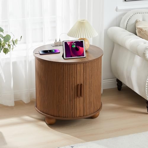 24" End Table with Charging Station, Farmhouse Round Fluted Wood Night Stand, Mid-Century Large Side Table with Storage & Sliding Door for Living Room, Bedroom (Round, Walnut) - color: Walnut, size: 24"-Round