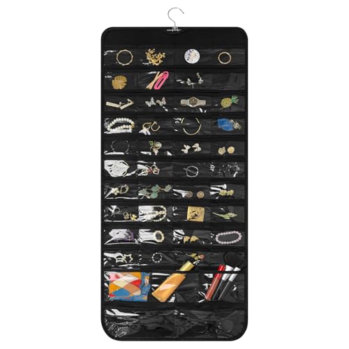 Bloss Black Hanging Jewelry Organizer With 90 Pockets for Closet, Earring Holder Organizer Storage, Over The Door Jewelry Organizer, Double-Sided Jewelry Holder for Earrings,Necklaces,Rings - color: Black-L