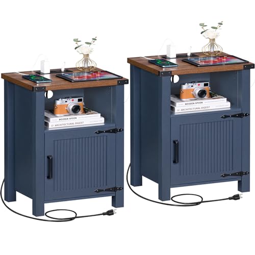 Joaxswe Night Stand Set of 2, 18 Inch Farmhouse Nightstand with with Charging Station and USB Port, Rustic Couch End Table with Magnetic Door, Wood Bed Side Tables for Bedroom, Home, Navy Blue - color: Navy Blue