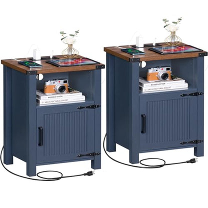 Joaxswe Night Stand Set of 2, 18 Inch Farmhouse Nightstand with with Charging Station and USB Port, Rustic Couch End Table with Magnetic Door, Wood Bed Side Tables for Bedroom, Home, Navy Blue - color: Navy Blue