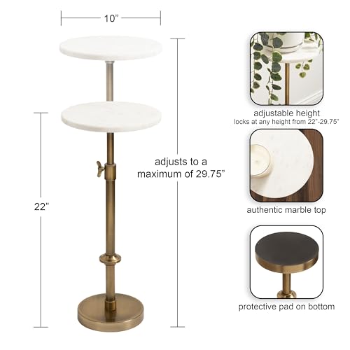 Kate and Laurel Engles Traditional Adjustable-Height Pedestal Drink Table, 10 x 10 x 30, White Marble and Antique Brass, Vintage Round Indoor Metal Plant Stand with Authentic Marble Tabletop