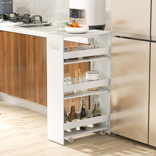 LOKO 4-Tier Rolling Storage Cart, 8 Inches Slim Kitchen Cart on Wheels with Open Shelves & Handle, Laundry Room Cart Between Washer and Dryer, for Narrow Space Bathroom Next to Fridge (White) - color: White