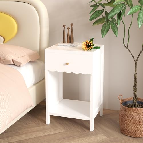 Haotian Nightstand with Drawer and Open Shelf, Scalloped Edge Design, White, Compact Bedside Table, 16.93" D x 14.96" W x 26.77" H, Engineered Wood