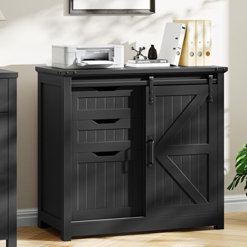 Vabches Lateral File Cabinets with Adjustable Shelf, Farmhouse Filing Cabinet for Home Office, Filing Organization Storage Cabinets with Sliding Barn Door for Hanging Files Letter/A4,Black - color: Pure Black, style: 3 Drawers
