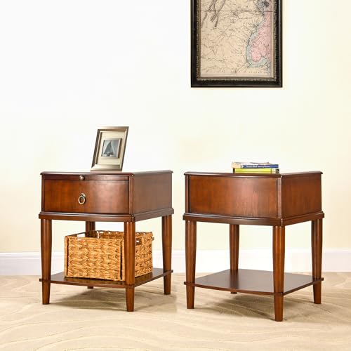 Farmhouse End Side Table Set of 2 with Pull-Out Tray And Storage Drawer, Sofa Beside Tables, Nightstand, No-Tools Assembly 17.7”L x 19.7”W x 22.8”H for Living Room, Caramel Brown CJZ-A1569-MG - style: 2*End Table with 1 Drawer