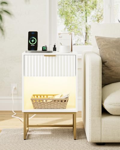 Masupu Fluted Nightstand with Charging Station and LED Lights,Modern Night Stand Wood Bedside Table with Storage Drawer Side End Table for Bedroom, Office,White - color: Light-white