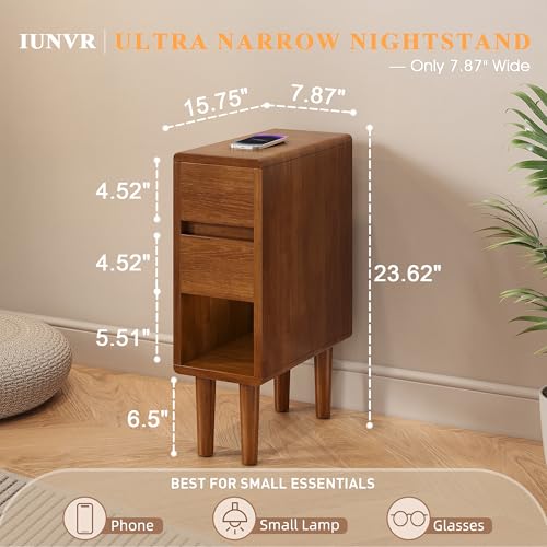 Narrow Nightstand 2 Drawers with Open Shelf Narrow Night Stand Solid Wood Bedside Table Mid Century Modern Nightstand Wooden End Table for Bedroom, Study, Office - color: Walnut-2d, size: 15.75''×8''×23.62''