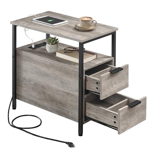 VASAGLE Side End Table with Charging Station, Slim Nightstand with 2 Drawers, Narrow Bedside Table for Living Room, Small Spaces, Heather Greige and Ink Black ULET321B02V1S - color: Heather Greige + Ink Black, size: 23.6"D x 11.8"W