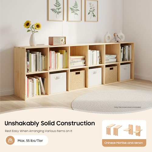 12 Cube Bookcase, 2-Tier Solid Wood Storage Organizer, Floor Standing Display Cabinet Bookshelf with Back Panels, Open Shelf for Bedroom, Living Room, Office 70.8"W X 11.8"D X 23.6"H (Wood)