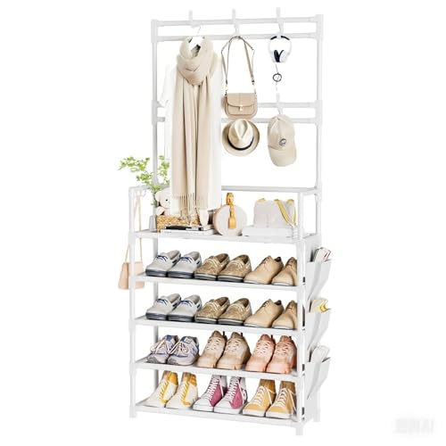 Shoe Rack 5 Tier Shoe Organizer Storage 15-20 Pairs for Closet Entrance | Stackable & Detachable Shelf with Hooks and Side Pocket Entryway Shoe Holder Space Saving Closet Organizers and Storage - color: White, size: 5 Tier (23.6"Wx 61.4"H)
