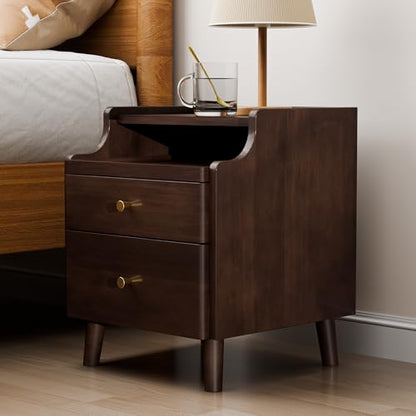 Nightstand Set of 2, Pre-Assembled, 19.7“H Solid Wood Night Stand with 2 Drawers, Open Sliding Shelf, Mid Century Modern Small Bedside Table for Bedroom, Black Walnut 16" - color: Black Walnut-2pack, size: 16"