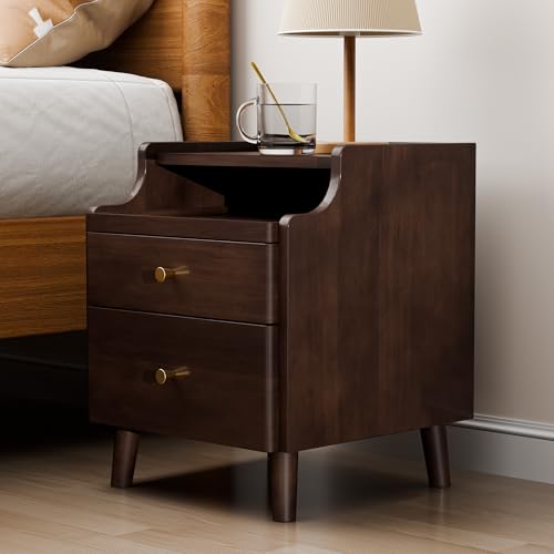 Nightstand Set of 2, Pre-Assembled, 19.7“H Solid Wood Night Stand with 2 Drawers, Open Sliding Shelf, Mid Century Modern Small Bedside Table for Bedroom, Black Walnut 16" - color: Black Walnut-2pack, size: 16"