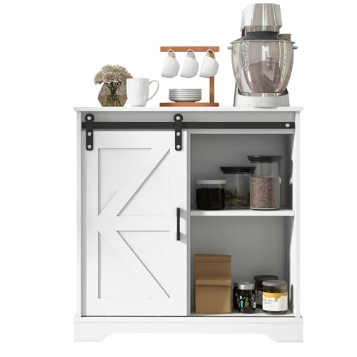 Panana Sliding Barn Door Buffet Sideboard Storage Cabinet Coffee Bar Kitchen Farmhouse Style (White) - color: White