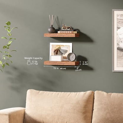 Ballucci Floating Shelves, 16" Wood Wall Shelf Set of 2, with Invisible Brackets for Bathroom, Living Room, Bedroom, Kitchen, Nursery, 6" Deep, Rustic Brown - color: Rustic Brown, size: 15.8 in (1.5)