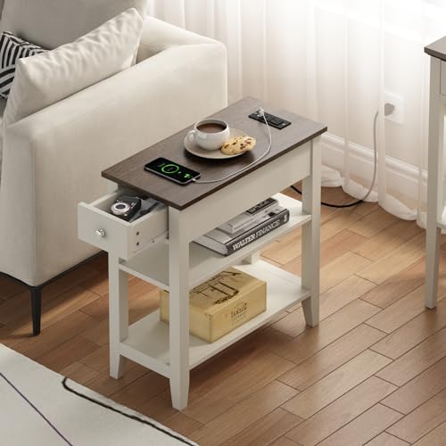 ChooChoo Farmhouse End Table with Charging Station, Narrow Side Table Living Room with USB Ports & Power Outlets and Hidden Drawer,White and Brown - color: Farmhouse White