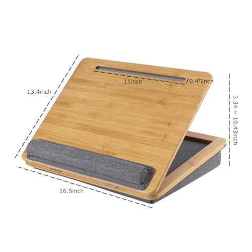 Adjustable Lap Desk for Laptop with Cushion, Bamboo Laptop Stand with Anti-Slip Strip Tablet Phone Holder, Fits up to 15.6 inch or 14 inch with Mouse Space - size: 16.5"x13.4" Height-adjustable