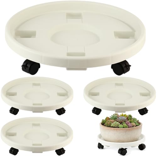 4-pack 17.3" Extra-large Plant Caddy with Wheels Plastic Plant Dolly with Locking Caster Flower Pot Mover Rollers Wheeled Rolling Plant Stands Round Plant Saucer Indoor Outdoor Base Coasters White - color: White, size: 17.3"/ 4 packs